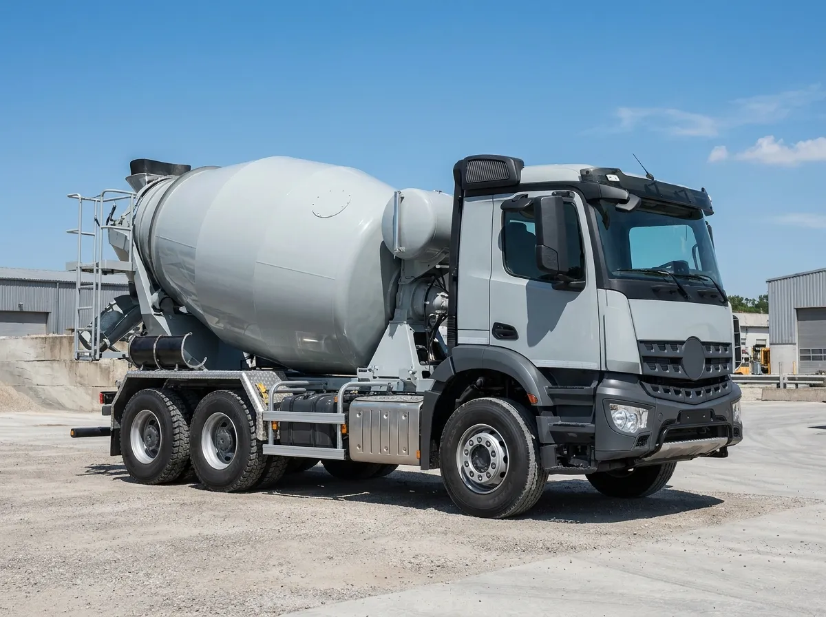 New concrete mixer truck hauling ready-mix concrete at a construction project in Indonesia
