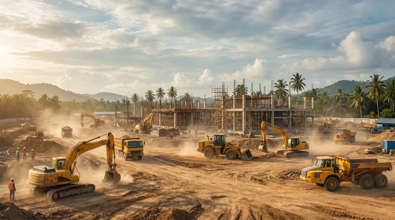 Alat berat excavator dan loader bekerja di lokasi proyek konstruksi di Indonesia
